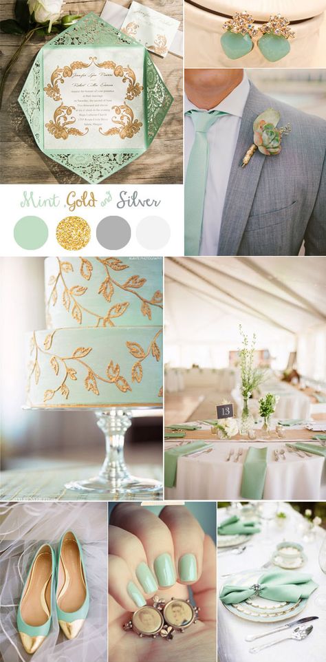 vintage mint, gold and silver wedding color ideas Mint Gold Weddings, Gold And Silver Wedding, Vintage Wedding Colors, Wedding Mint Green, Wedding Color Ideas, Wedding Color Combos, Wedding Color Inspiration, Mint Gold, Mint Wedding