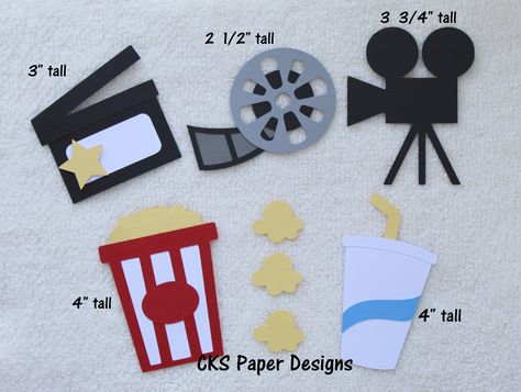 "**PLEASE MEASURE YOUR PROJECT BEFORE YOU PURCHASE TO ENSURE THIS DIE CUT WILL FIT** **Measurements of ALL our items are written on the photo as well as in the description.** Die Cut Movie Theme Handmade Scrapbook Paper Piecings 5 Pieces to this set 1 Clapper measures 3\" tall 1 Film Reel measures 2 1/2\" tall 1 Video Camera measures 3 3/4\" tall 1 Popcorn Tub measures 4\" tall 1 Soda Drink Cup measures 4\" tall All die cuts are complete and as shown in the photo. I mass produce my items, so qua Cricut Movie Night, Classroom 2023, Popcorn Tub, Movie Night Popcorn, Movie Crafts, Paper Piecing Scrapbooking, Movie Ideas, School Carnival, Soda Drink