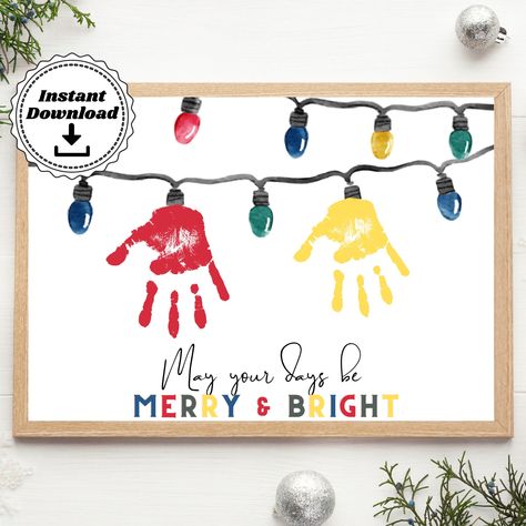 Handprint Canvas Christmas, Christmas Handprint Pictures, Preschool Christmas Canvas Art, Kid Christmas Canvas Painting, Christmas Handprint Art For Toddlers, Handprint Christmas Lights, Diy Christmas Paintings On Canvas Kid Hand Prints, Sibling Handprint Art Christmas Gifts, Christmas Kids Handprint Crafts