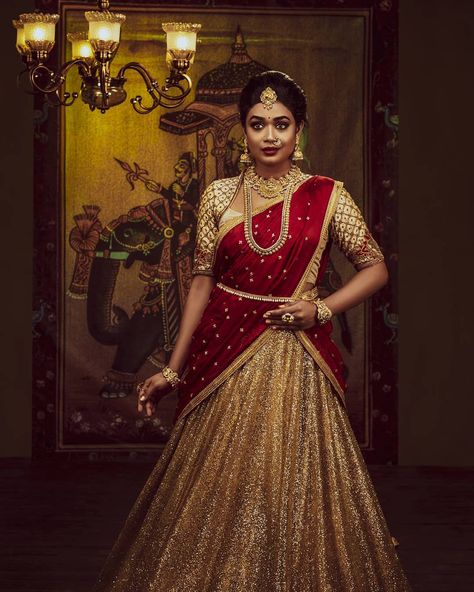 The Royal Bride 💛  Featuring The Beautiful Elegant @swayam_06  Designer N Styled by @studio149  The Perfection Touch by @salomirdiamond #halfsaree #saree #sareedraping #bridalsaree #hairstyle #makeup #bridalmakeup #bridalhair #bridaljewellery #goldsaree #bridal #bridalmakeup #traditional #marriage Modern Half Saree, Designer Half Sarees, Royal Bride, Designer Bridal Lehenga Choli, Lehenga Saree Design, Half Saree Lehenga, Pattu Saree Blouse Designs, Half Sarees, Wedding Saree Blouse Designs