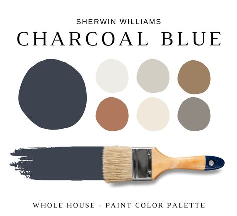 Colour Palette With Dark Blue, Sw Charcoal Blue Coordinating Colors, Black White Navy Blue Color Palette, Blue Black Gray Color Palette, Navy Blue Paint Palette, Slate Blue Palette, Moody Coastal Color Palette, Slate Blue Bathroom Ideas, Charcoal Blue Bedroom