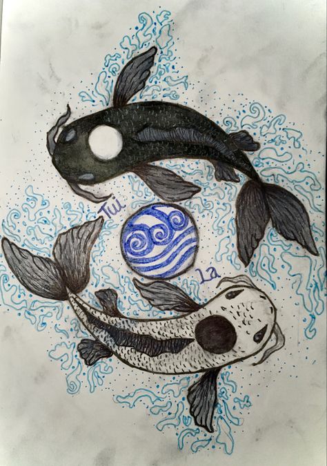 The ocean and moon spirit, La & Tui, from Avatar the Last Airbender. Hand drawn, coloured with gel pens Avatar Moon And Ocean Spirit, Avatar The Last Airbender Pottery, Avatar The Last Airbender Koi Fish, Avatar Moon Spirit, Koi Fish Avatar, Ocean And Moon, Tui And La, Moon Spirit, Japanese Koi Fish Tattoo