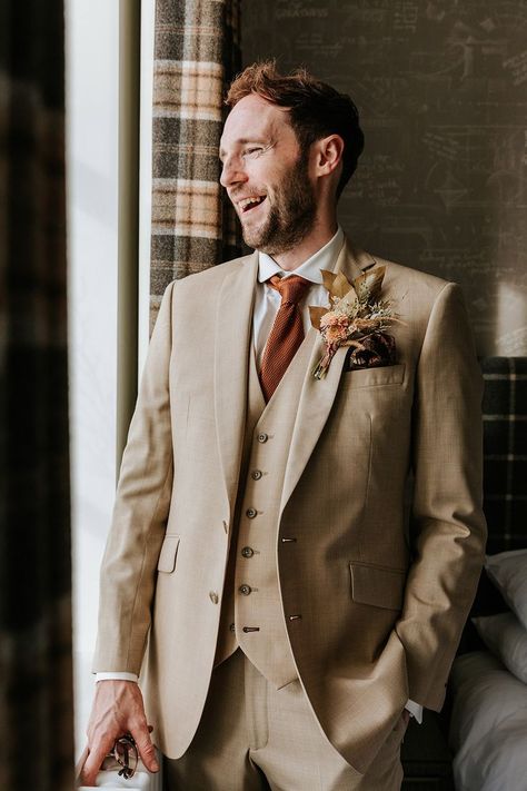 Bearded groom in beige three piece suit with orange tie and dried flower boutonnière for autumn wedding at Holmes Mill wedding venue Suit With Orange Tie, Groom Suit Summer, Beige Suits Wedding, Fall Wedding Suits, Fall Groom, Best Suits For Men, Beige Suit, Wedding Outfits For Groom, Orange Suit