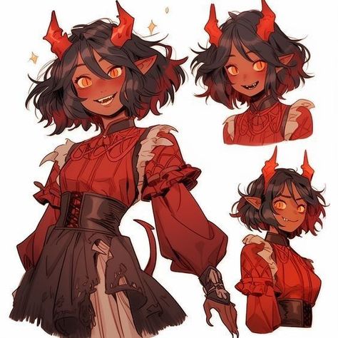 Character Hair Inspiration, Wild Hair Character Design, Dresses Character Design, Fantasy Hair Reference, Oc Hair Inspiration, Cute Demon Character Design, Dnd Demon Character, Bubbly Character Design, Victorian Oc Art