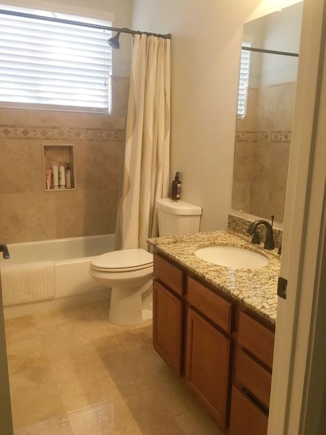 Travertine And White Bathroom, Bathroom Flooring With Oak Cabinets, Travertine Tile Bathroom Ideas, Tan Tile Master Bath, Bathroom Ideas Tan Tile, Bathroom Paint Colors With Brown Tile, Travertine Shower Ideas, Bathroom Ideas Brown Tile, Bathroom With Travertine Floors