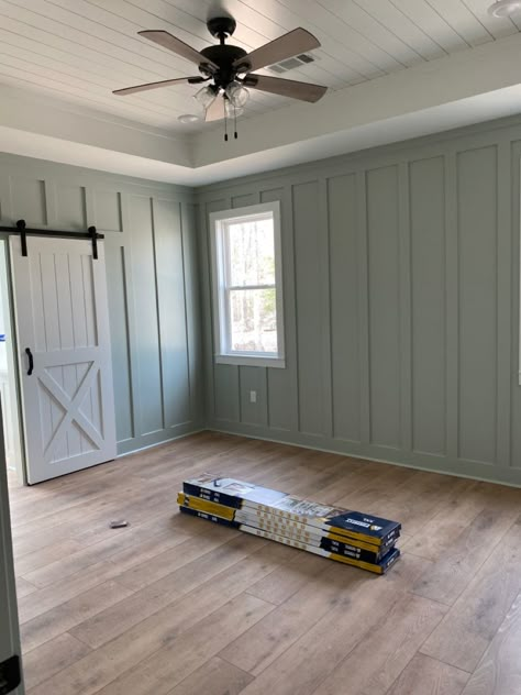 Board And Batten And Shiplap In Same Room, Best Accent Wall Colors 2023, Board And Batten All Walls, Board And Batten Wall With Shiplap, Gray Shiplap Ceiling, Modern Farmhouse Walls And Trim, Board And Batten Room Bedrooms, Board And Batten Barn Door, Floor To Ceiling Board And Batten Bedroom