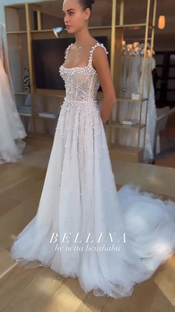 Romantic A Line Wedding Dress, Pearls Wedding Dress, Wedding Dress With Pearls, Square Illusion, Weddding Dress, Dress With Pearls, Pearl Wedding Dress, Pretty Wedding Dresses, Pearl Dress