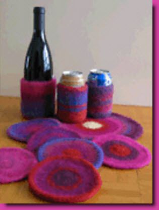 Free Felted Coasters, Hot Pads, and Beverage Jackets patterns · Felting | CraftGossip.com Felted Coasters, Wool Felt Coasters, Wool Coasters, Felted Crochet, Needle Felting Diy, Cool Coasters, Felt Coasters, Felted Wool Crafts, Needle Felting Projects