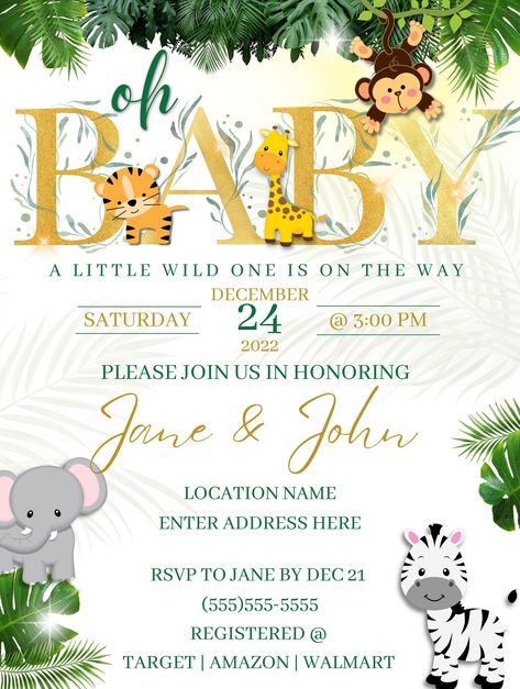 Baby Shower Flyer Invitation, Baby Shower Flyer, Wild One Animals, Baby Shower Elegante, Safari Baby Shower Boy, Digital Flyer, Safari Invitations, Baby Shower Safari Theme, Gender Reveal Party Games