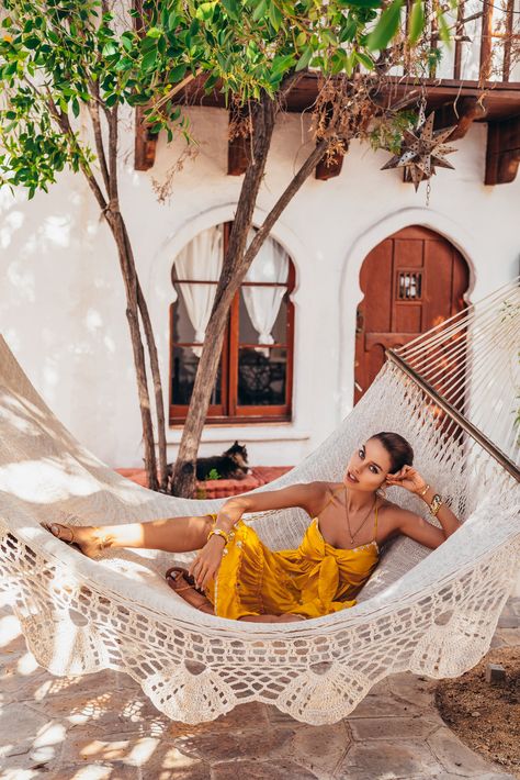 Korakia Pensione Casual Summer Dresses Short, Resort Photoshoot, Slim Aarons Photography, Gowns Dresses Indian, Korakia Pensione, Summer Dresses Short, Minimalist Wardrobe Essentials, Viva Luxury, Garden Hammock