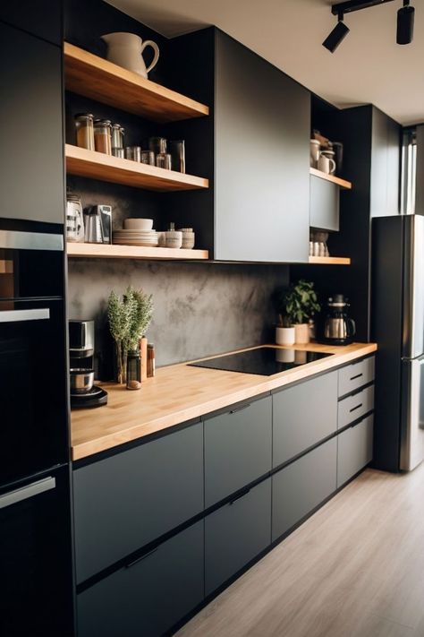 Kitchen Black And Wood Modern, Modern Kitchen Design Trends, Modern Kitchen Pantry, Серая Кухня, Desain Pantry, Kitchen Design Plans, Kitchen Design Trends, Modern Kitchen Cabinets, Kitchen Room Design