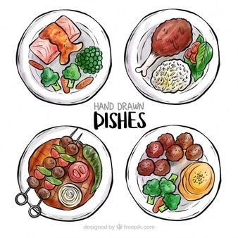 Top view of watercolor food dishes Chinese Side Dishes, Desserts Drawing, Plate Drawing, Foodie Art, Circle Drawing, Watercolor Food, Dessert Toppings, Buffet Food, Food Illustration