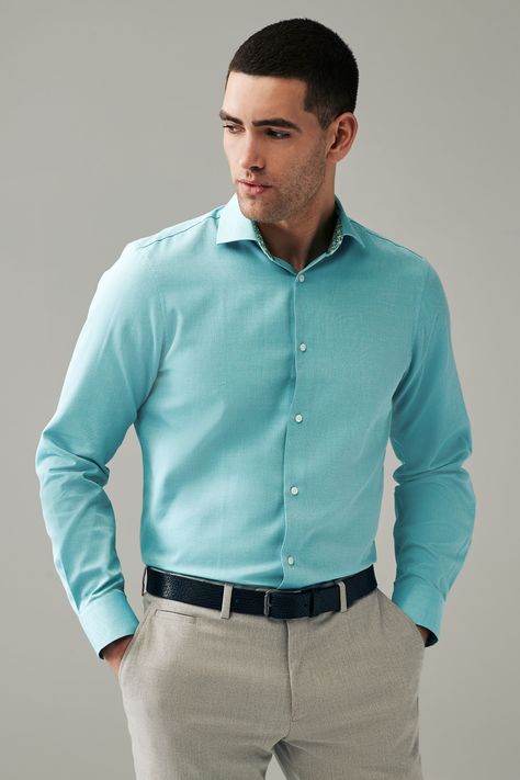 Our collection of smart and smart casual long-sleeve shirts is available in a choice of neutral and bold colours, crafted from a cotton blend with a button-up fastening and spread cutaway collar detailing. Machine washable. 65% Recycled polyester, 35% Cotton. Blue Shirt Men Outfit, Shirt Outfit Men, Formal Men, Formal Men Outfit, Cutaway Collar, Mens Casual Dress Outfits, Casual Long Sleeve Shirts, Mens Casual Dress, Outfits Men