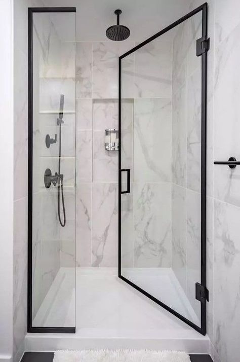 Black Shower Doors, White Marble Bathrooms, Bathroom Redesign, Bathroom Remodel Shower, Bathroom Design Luxury, Bathroom Decorating, Modern Shower, Glass Shower Doors, Main Bathroom