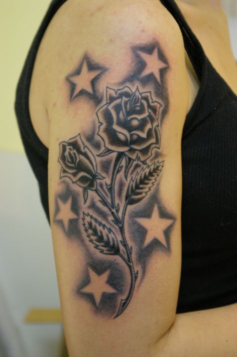 :) Shaded Star Tattoo, Star Half Sleeve Tattoo, Star And Rose Tattoo, Stars Arm Tattoo Sleeve, Shaded Stars Tattoo, Rose And Star Tattoo Design, Stars Tattoo For Men On Arm, Star Tattoo On Shoulder, Best Star Tattoos