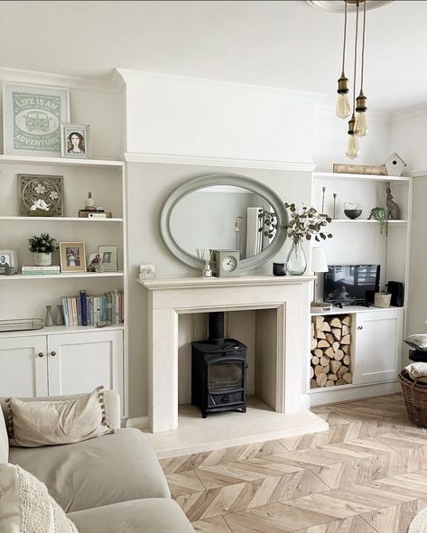 Log Burner Mantelpiece, Log Burner Styling, Alcove Styling, White Fire Surround, Dining Room Uk, Narrow Living Room Ideas, Bungalow Fireplace, Victorian Lounge, Neutral Lounge