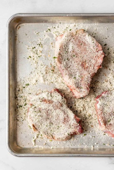 Uncooked pork chops dredges in powdered ranch seasoning mix. Hidden Valley Ranch Pork Chops, Ranch Pork Chops Baked, Baked Ranch Pork Chops, Oven Pork Chops, Dry Ranch Seasoning, Ranch Pork Chops, Ranch Mix, Paprika Pork, Hidden Valley Ranch