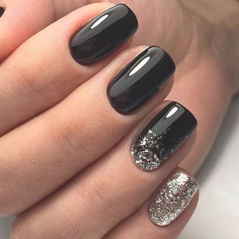 Black Nails With Glitter, Nagellack Trends, Squoval Nails, Black Nail Art, Black Nail Designs, Trendy Nail Design, Nail Designs Glitter, Silver Nails, Dipped Nails