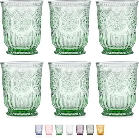 Amazon.com | Pink Glass Cups set of 6 pink water glasses for lovers of vintage pink glassware with matching wine and champagne glasses. Colorful unique and pretty colored glassware.: Highball Glasses Vintage Glass Cups, Small Drinking Glasses, Green Drinking Glasses, Cottagecore Kitchen, Kitchen Glassware, Glass Cup Set, Vintage Drinking Glasses, Pink Glassware, Green French