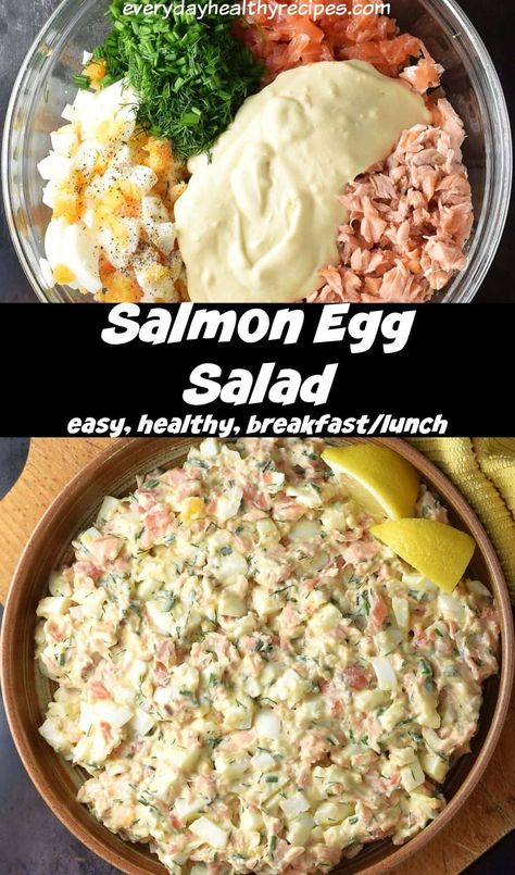 Top down view of salmon egg salad ingredients in bowl and assembled dish in brown bowl. Smoked Salmon Egg Bake, Salmon And Egg Recipes, Smoked Salmon Egg Salad, Cold Salmon Recipes, Salmon Breakfast Recipes, Salmon Egg Salad, Salmon For Breakfast, Smoked Salmon Salad Recipes, Salmon Salads