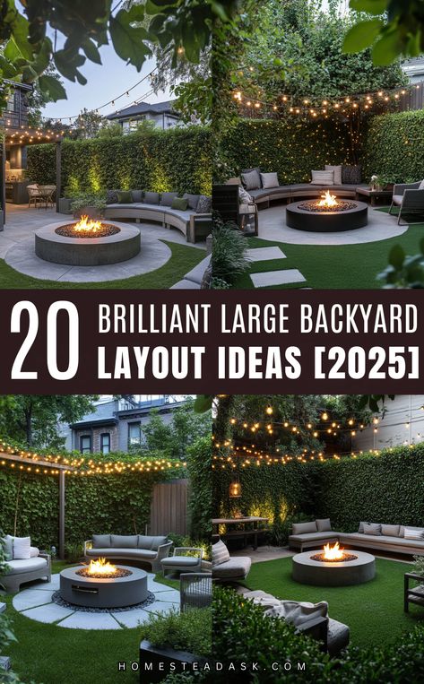 Transform your outdoor space with these 20 brilliant large backyard layout ideas! From cozy fire pit arrangements and lush greenery to sparkling string lights, these layouts are perfect for creating a stylish and inviting atmosphere in 2025. 2 Tier Backyard Landscaping Ideas, Large Decks Backyard, Landscaping Ideas Large Backyard, Marsh Backyard Ideas, Simple Large Garden Ideas, Backyard Landscape Fire Pit, U Shape Backyard Ideas, Pie Shaped Yard Landscaping, Outdoor Oasis Backyard On A Budget