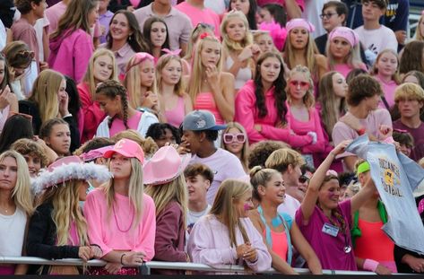 pink, pink out, barbie, football game, football season, school spirit, spirit days, football theme, sports, barbie and ken, ootd, highschool, senior, trendy, costume, halloween Pink Out Football Game, Pink Out Football, Highschool Senior, Student Section, Spirit Days, Football Theme, Football Game Outfit, Football Themes, Pink Out