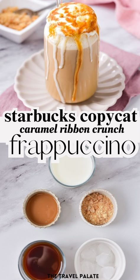 Caramel Ribbon Crunch Frappuccino, Ribbon Crunch Frappuccino, Caramel Ribbon Crunch, Frappuccino Starbucks, Fast Food Drinks, Homemade Coffee Creamer, Caramel Frappuccino, Crunch Recipe, Starbucks Caramel