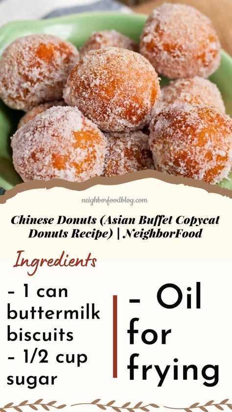 This easy recipe for buffet-style Chinese donuts requires only three ingredients and is super fun to make! Warm, golden brown, and sugary sweet. Yum! Chinese Donut Recipe, Chinese Donut, Chinese Doughnut, Asian Buffet, Chinese Donuts, Chinese Dinner, Fried Donuts, Buffet Style, Fusion Restaurant