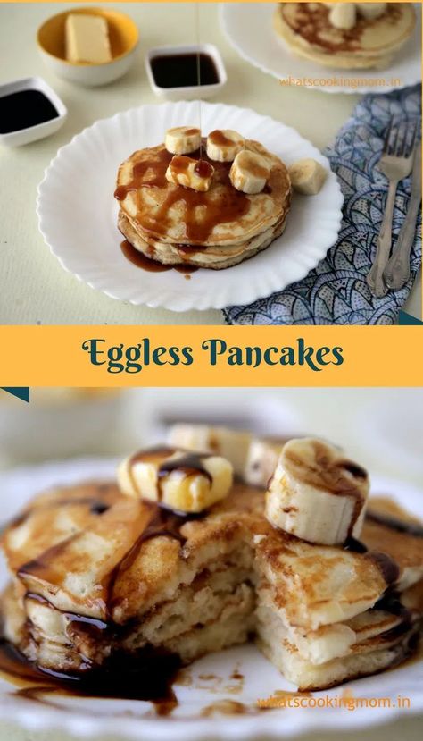 Eggless pancakes recipe - kids all time favourite, breakfast, easy recipe, with step by step pics #egglesspancakes #breakfast #whatscookingmom Fluffy Pancake Mix Recipe, Pancakes Eggless, Pancakes Recipe Easy, Healthy Pancake Recipes Easy, Eggless Pancake Recipe, Dairy Free Pancake Recipe, Eggless Pancakes, Chocolate Chip Pancakes Recipe, Eggless Breakfast