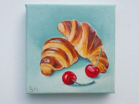 Filling Cake, Cherry Filling, Sky Art Painting, Mini Dessert, Coffee Drawing, Artwork Canvas, Small Canvas Paintings, Food Painting, Art Painting Gallery