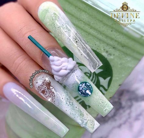 Starbucks Nails, Food Nails, Simple Acrylic Nails, Exotic Nails, Crazy Nails, Design Nails, Matcha Green, Manicure Y Pedicure, Matcha Green Tea