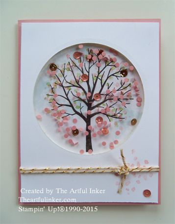 Sheltering Tree Shaker Card from theartfulinker.com Sheltering Tree Stamp Set, Creation Station, Tree Stamp, Window Cards, Tree Cards, Spring Cards, Shaker Cards, Creative Cards, Scrapbook Cards