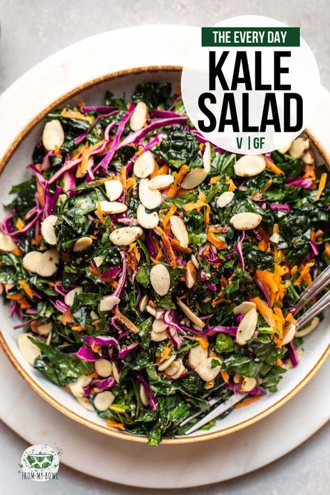 A simple, hearty, and wholesome kale salad for weeknight dinners or meal prep. Made from budget and fridge-friendly ingredients, you'll make this over and over! #kalesaald #kale #mealprep #vegan #vegansalad | frommybowl.com Kale Salad Recipes, Vegetarian Cabbage, Vegan Salad Recipes, Kale Recipes, Vegan Salad, Easy Salad Recipes, Kale Salad, Weeknight Dinners, Easy Salads