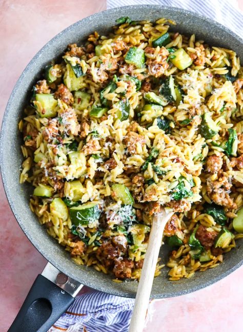 Ground Sausage Zucchini Recipes, 5 Ingredient Healthy Recipes, Dinner Recipes With Italian Sausage, Semi Healthy Dinners, 5 Ingredient Recipes Dinner, Sausage Recipes Ground, Italian Sausage And Zucchini, Recipes Italian Sausage, Healthy Orzo