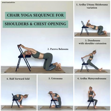 Chair Yoga Sequence for shoulders and chest opening Open Chest Yoga, Chair Stretches For Flexibility, Yoga Chest Openers, Chest Opening Yoga, Eagle Pose Yoga, Chair Yoga Sequence, Chair Yoga Poses, Yoga Shoulder, Yoga Tree Pose