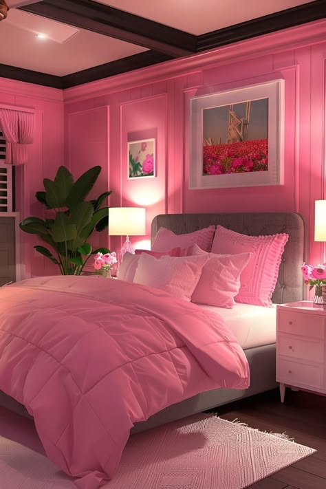 Pink Walls Room, Couple Bedroom Decor Ideas, Elegant Pink Bedroom, Beautiful Dorm Room, Hot Pink Walls, Maximizing Small Spaces, Monochromatic Room, Room Organization Bedroom, Pink Bedroom Ideas