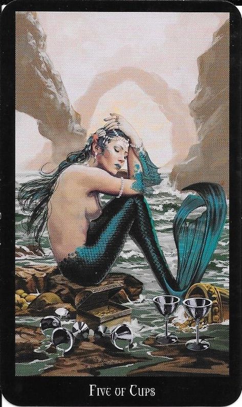 Five Of Cups Tarot, 5 Of Cups, Five Of Cups, Mermaid Tarot, Thoth Tarot, Animal Tarot, Inverted Pentagram, Tarot Tattoo, Cups Tarot