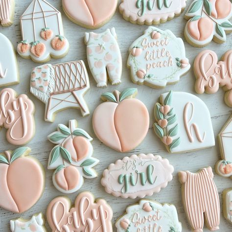 Peach Royal Icing Cookies, Peach Themed Cookies, Sweet As A Peach Cookies, Peach Decorated Cookies, Little Peach Baby Shower Ideas, A Sweet Little Peach Is On The Way, One Sweet Peach Cookies, Peach Cookies Decorated, Sweet Little Peach Baby Shower Decor