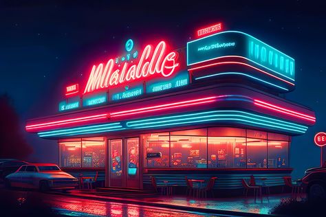 Retro Restaurant Exterior, Retro Diner Exterior, Diner Aesthetic, Googie Architecture, Vintage Diner, Retro Cafe, Facade Lighting, House Floor Design, Retro Diner