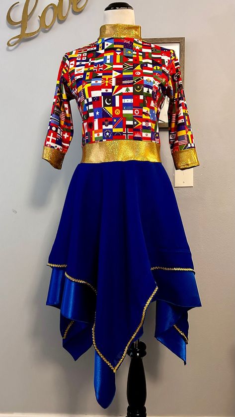 Beautiful prophetic dress with 3/4 sleeves (long sleeves upon request), with different nations flags print in spandex fabric. Bottom is chiffon and satin fabrics with gold trimming in top skirt.  Sizes run like your regular clothes size. Color is royal blue with print but if you would like a custom color with your nations print, message us and we'll let you know available colors. Praise Dance Outfits, Worship Dance Outfits, Dance Worship, Praise Dance Garments, Praise Dance Dresses, Liturgical Dance, Garment Of Praise, Dance Garments, Worship Dance