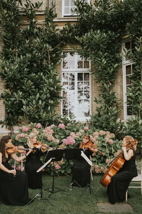 Live wedding music seated outside the wedding venue while guests socialise String Quartet Wedding, Live Band Wedding, Classic Black Tie Wedding, Wedding Music Band, Wedding Planning Boards, Hedsor House, Dream Wedding Venues, Multicultural Wedding, Jazz Band