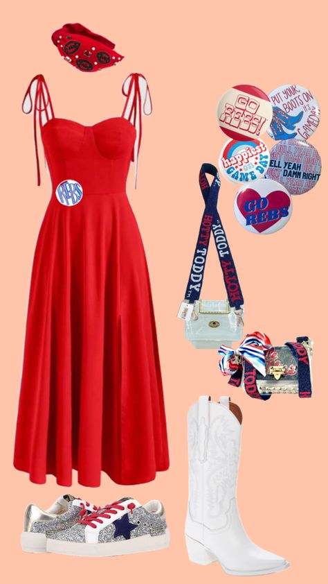 Ole miss college gameday outfit!! red dress and sparkly shoes with clear purse!! Ole Miss Outfit Ideas, Red And Blue Game Day Outfit, Red Game Day Outfit Football, Ole Miss Gameday Outfit, Ole Miss Aesthetic, Red Game Day Outfit, Ole Miss Game Day Outfit, Ole Miss Gameday, Ole Miss Game Day