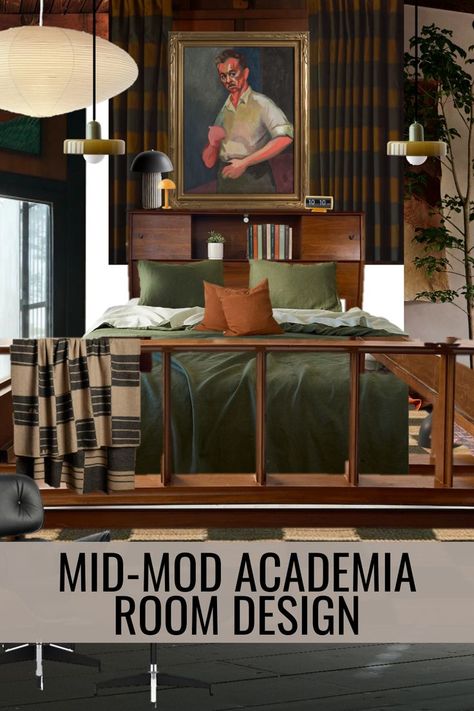 Explore the timeless elegance of Mid-Mod Academia Room Design through our thoughtfully curated interior design mood board. Elevate your space with moody bedroom decor that effortlessly combines style and comfort. Modern Cabin Bathroom, Modern Cabin Kitchen, Moody Mid Century Modern, Modern Academia, Modern Cabin In The Woods, Curated Interior, Modern Cabin Plans, Cabinet Hardware Modern, Moody Bedroom Decor