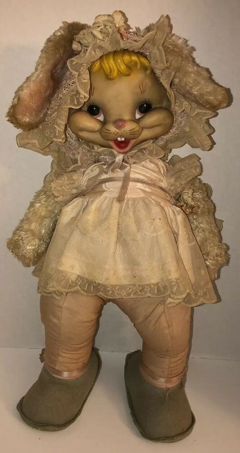 Uncanny Horror, Rushton Dolls Aesthetic, Vintage Bunny Costume, Rubberface Dolls, Plush Dress, Rushton Dolls, Rushton Toys, Vintage Face, Creepy Cute Aesthetic