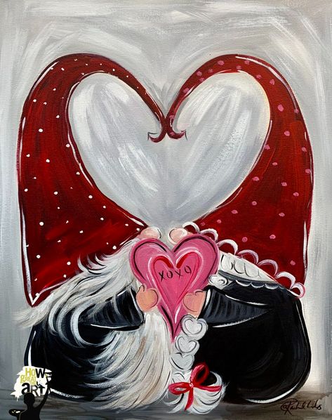 NEW! "Valentine Gnomes" Single or Couples Class! Couples Christmas Painting Ideas, Valentine's Painting On Canvas, Valentine Day Canvas Painting, Easy Gnome Paintings On Canvas, Valentine Day Painting Ideas Canvases, Valentine’s Painting Ideas, February Painting Ideas, Valentine Gnome Painting, Valentine Day Painting