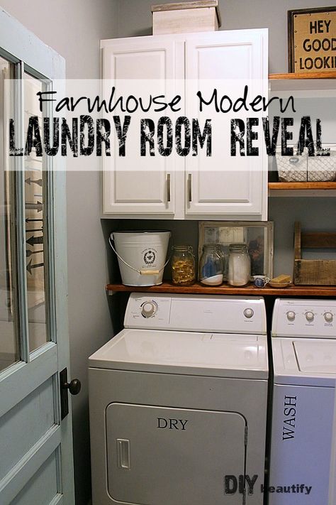 I added farmhouse charm to my boring builder-grade laundry room for Under $200!!!! View the reveal of this fabulous makeover and get details for all the projects at DIY beautify Adding Cabinets To Laundry Room, Shelf Placement, Diy Laundry Room Makeover, Laundry Makeover, Small Laundry Room Makeover, Modern Laundry, Room Storage Diy, Farmhouse Laundry, Farmhouse Laundry Room