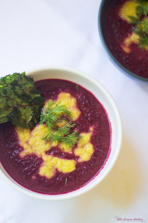 Red and Yellow Beet Soup with Fried Beet Greens via LittleFerraroKitchen.com Hearty Chicken Soup, Yellow Beets, Kosher Food, Vegetarian Soups, Beet Soup, Summer Soup, Veggie Stock, Hearty Chicken, Beet Greens