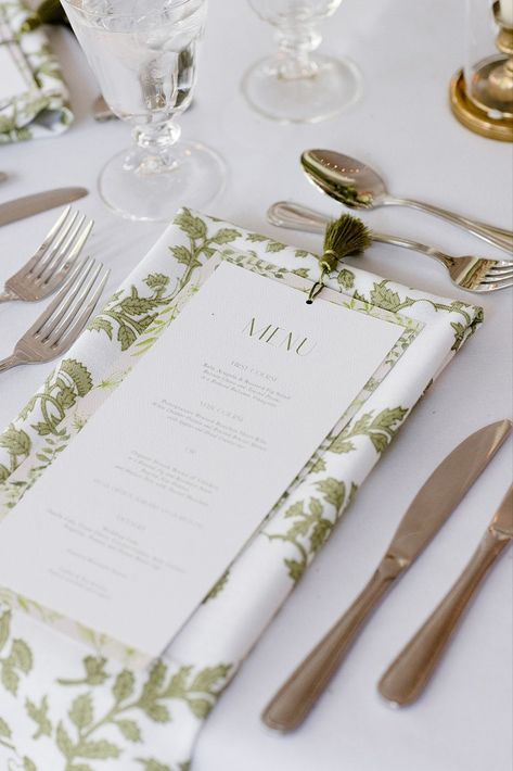 Day Of Stationery, Napkin Menu Place Setting, Plated Dinner Wedding Place Settings, Menu With Tassel, Wedding Menu Tassel, Napkin Folding Ideas Wedding Menu Cards, Destination Wedding Table Setting, Wedding Menu With Tassel, Linen Menu Wedding