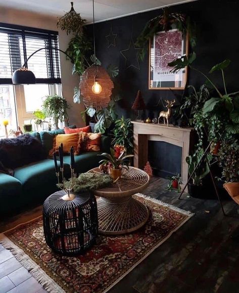 Dark Moody Living Room Bohemian, Living Room Decor Gothic, Earthy Gothic Living Room, Living Room Designs Gothic, Gothic Apartment Decor Living Room, Two Coffee Tables In Living Room Layout, Gothic Boho Bedroom Ideas, Gothic Boho Interior Design, Earthy Goth Aesthetic Bedroom