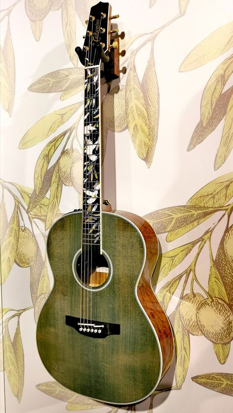 Green Acoustic Guitar Aesthetic, Guitar Pictures Aesthetic, Painted Guitar Acoustic, Arte Do Ukulele, Beautiful Acoustic Guitar, Guitar Wedding, Acoustic Guitar Art, Green Guitar, Indian Musical Instruments